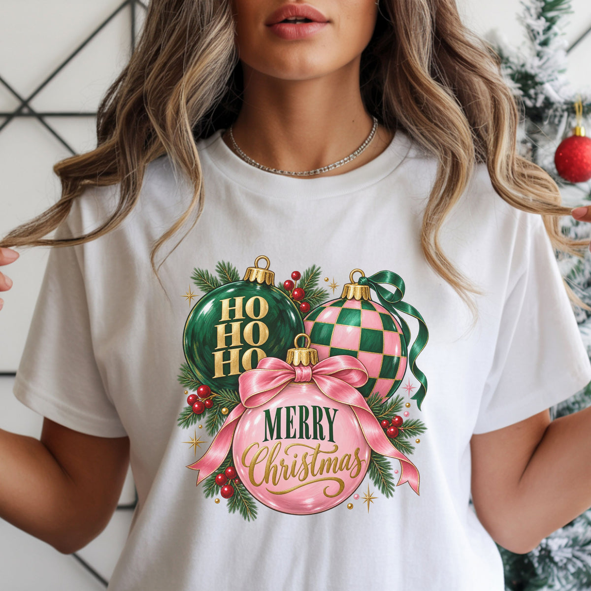 Pink and green Christmas ornaments with “Ho Ho Ho” and “Merry Christmas,” checkerboard patterns, pink and green bows, pine branches, red berries and gold stars.