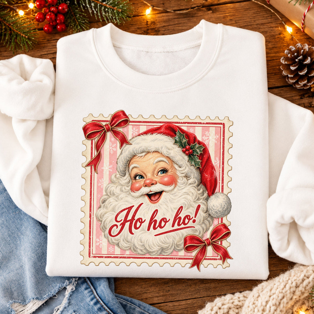 “Ho ho ho!” in red script across a smiling Santa’s beard, framed as a vintage postage stamp with pink and cream stripes, snowflakes and red bows with gold trim.