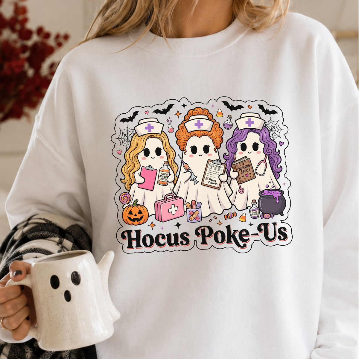 Hocus Poke-Us Halloween DTF transfer featuring three cute nurse ghosts with potion bottles, syringe, patient clipboard, Nursing Spells book, stethoscope, first aid kit, pumpkin, candy, bats, spiderwebs, and cauldron.