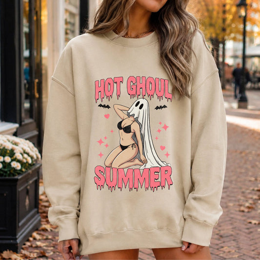 Hot Ghoul Summer Halloween DTF transfer featuring a sexy sheet ghost in a black bikini with pink dripping lettering, hearts, sparkles and bats