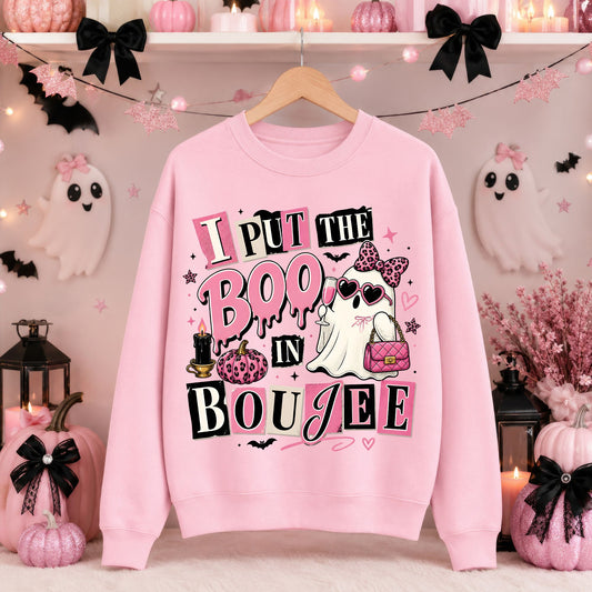 Pink sweatshirt mockup featuring a coquette ghost with sunglasses, a pink bow, handbag, and the phrase I Put the Boo in Boujee in a cute Halloween design.