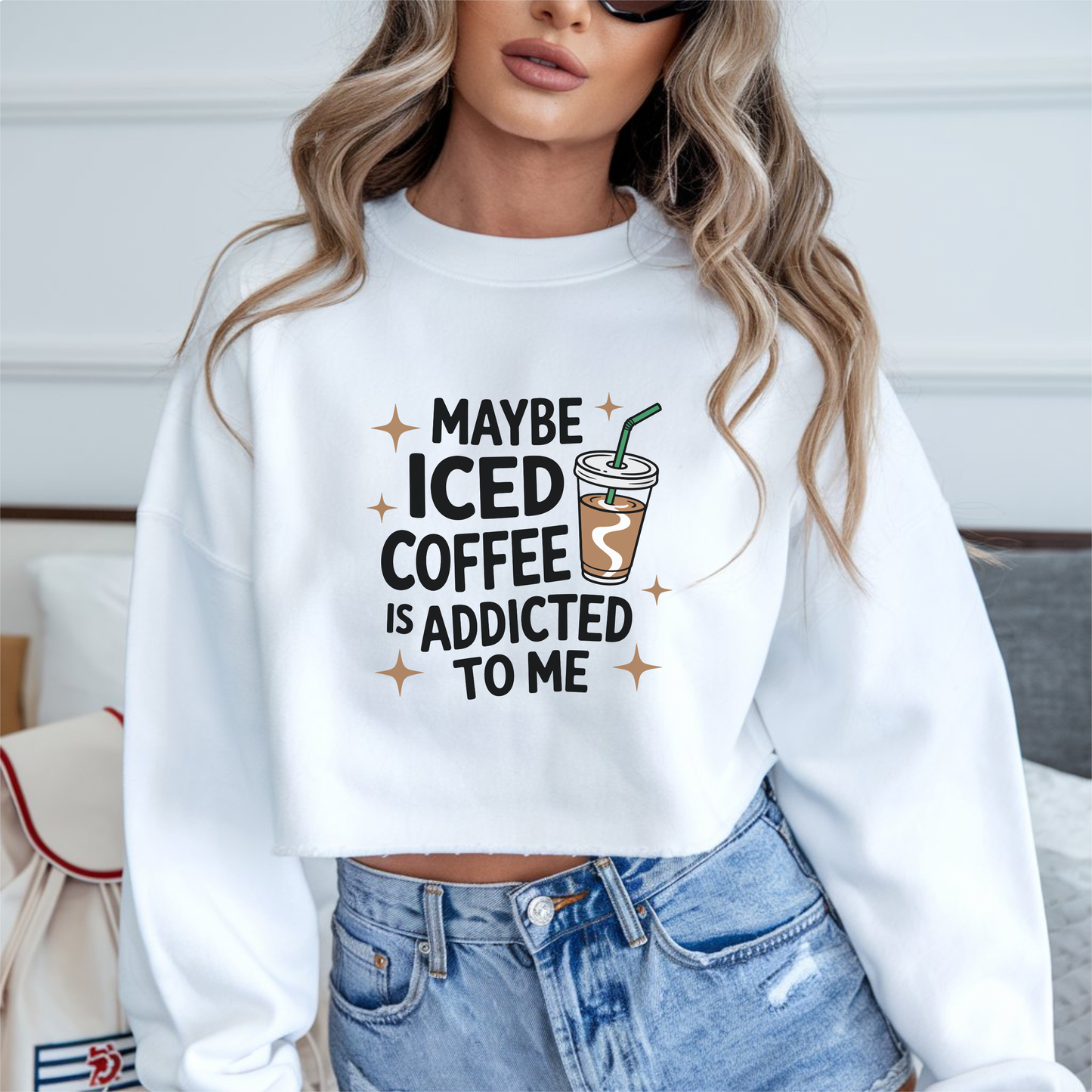 Iced Coffee Addict To Me DTF transfer design pressed on a premium unisex graphic sweatshirt mockup