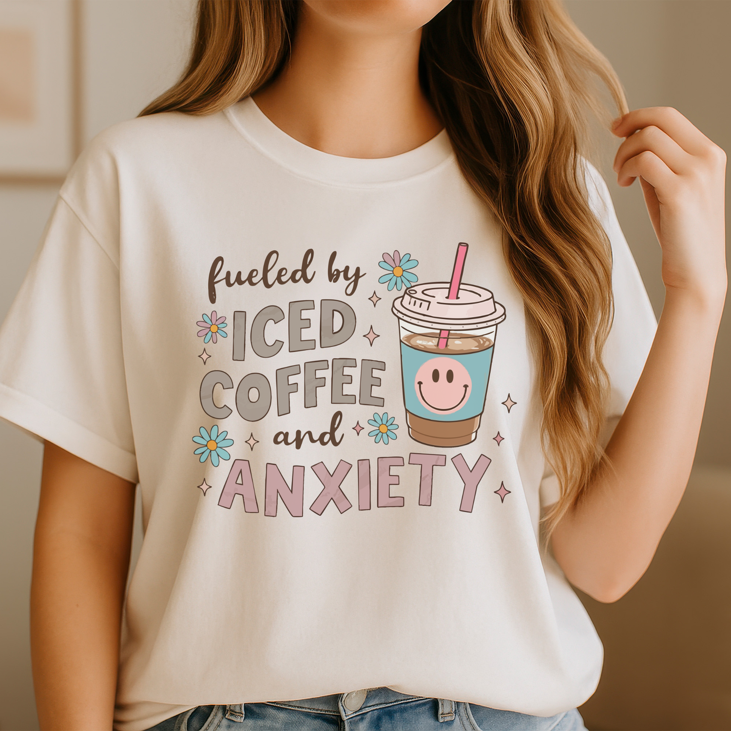 Iced Coffee & Anxiety DTF transfer pressed on soft neutral graphic t-shirt mockup