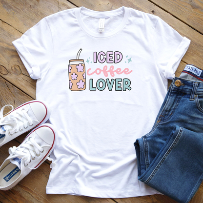 Iced Coffee Lover ready-to-press DTF transfer applied to t-shirt mockup