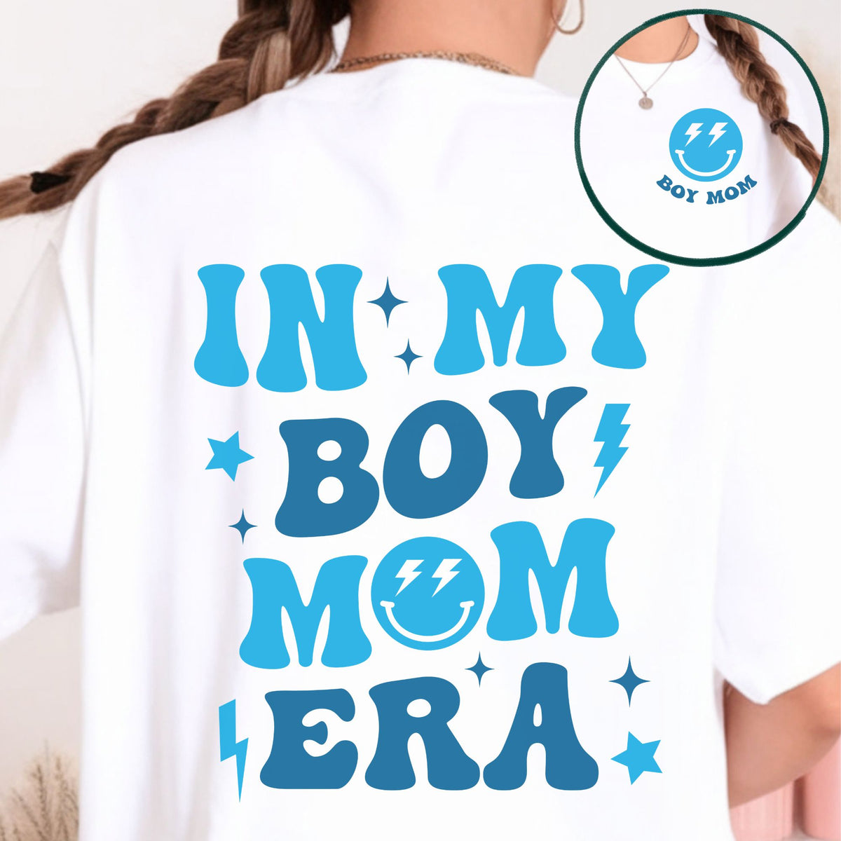 In My Boy Mom Era DTF transfer set featuring a blue retro full back design with stars, lightning bolts, and smiley face plus a matching Boy Mom smiley left chest design for mom shirts and sweatshirts.