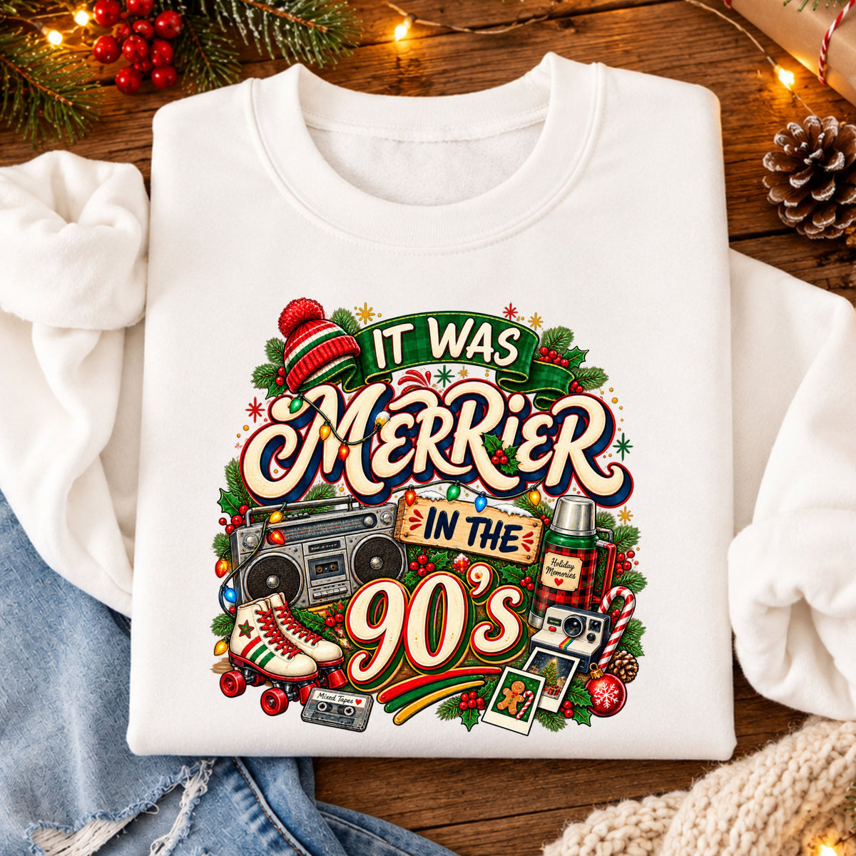 “It Was Merrier in the 90’s” with a boombox, roller skates, instant camera, plaid thermos labeled “Holiday Memories,” cassette labeled “Mixed Tapes,” Christmas lights and greenery.