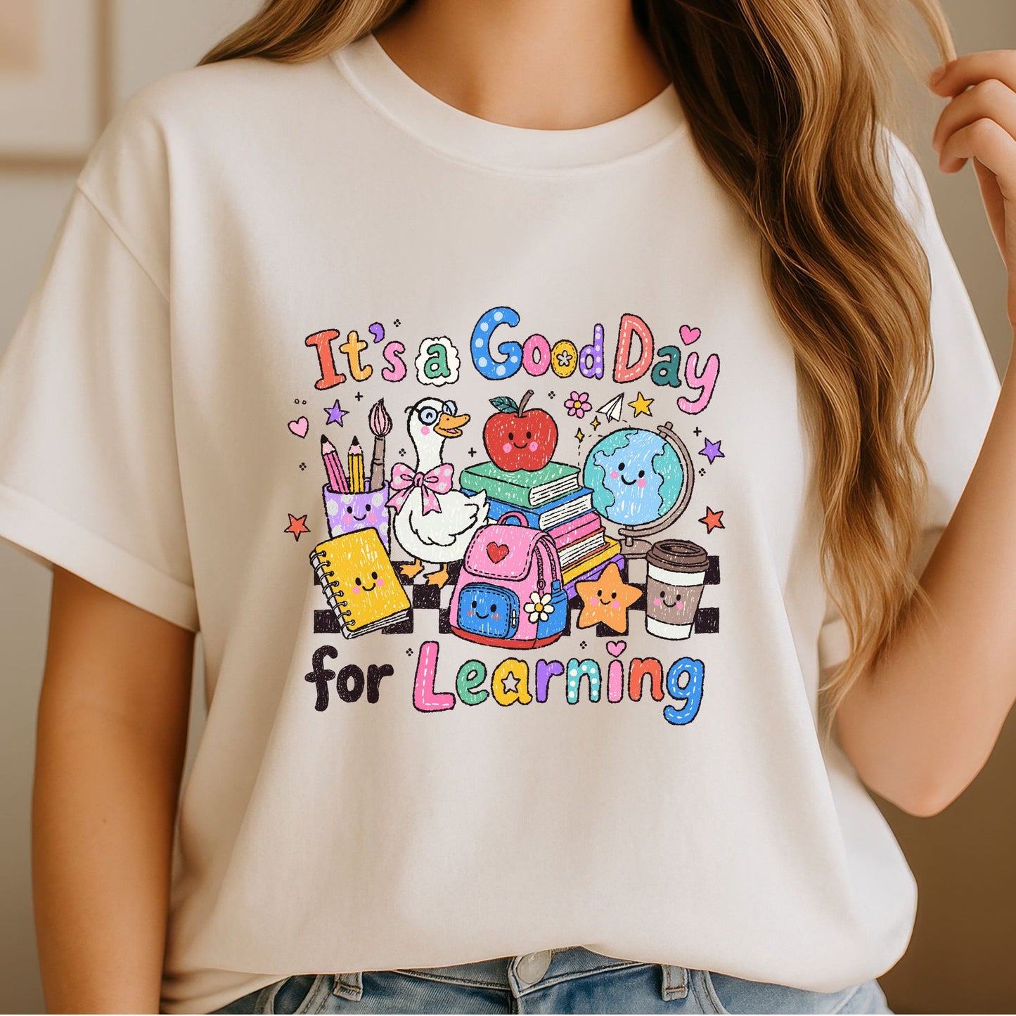 It’s a Good Day for Learning DTF transfer featuring cute school supplies, books, apple, globe, backpack, pencils, coffee cup, and colorful classroom characters.