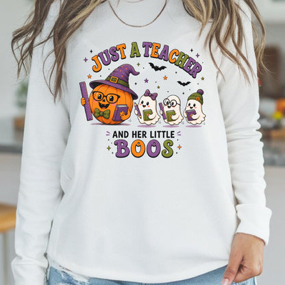 Just a Teacher and Her Little Boos Halloween DTF transfer featuring a teacher pumpkin, cute ghost students, books, bats, stars, and colorful spooky lettering.