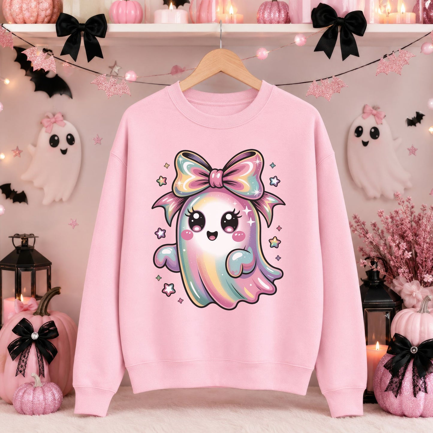 Pink sweatshirt mockup featuring a kawaii pastel ghost with a rainbow bow and cute coquette Halloween details in a pink spooky setting.