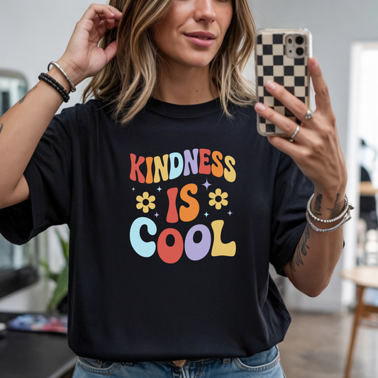 Kindness Is Cool DTF transfer design pressed on premium graphic t-shirt mockup