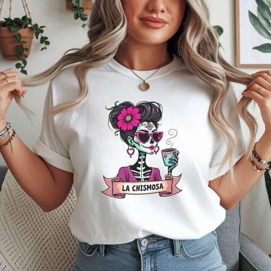 La Chismosa DTF transfer design pressed on a premium unisex graphic t-shirt mockup