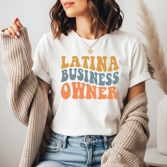 Latina Business Owner DTF transfer pressed on neutral graphic tee mockup