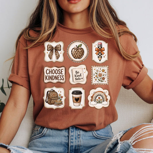 Leopard teacher DTF transfer featuring school-themed patch designs with bows, apple, pencil, backpack, coffee cup, rainbow, flowers, and Choose Kindness lettering.