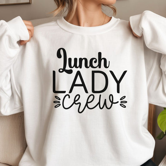 Lunch Lady Crew design featuring bold black script and block lettering in a clean monochrome style for cafeteria staff, school nutrition teams, and food service workers.