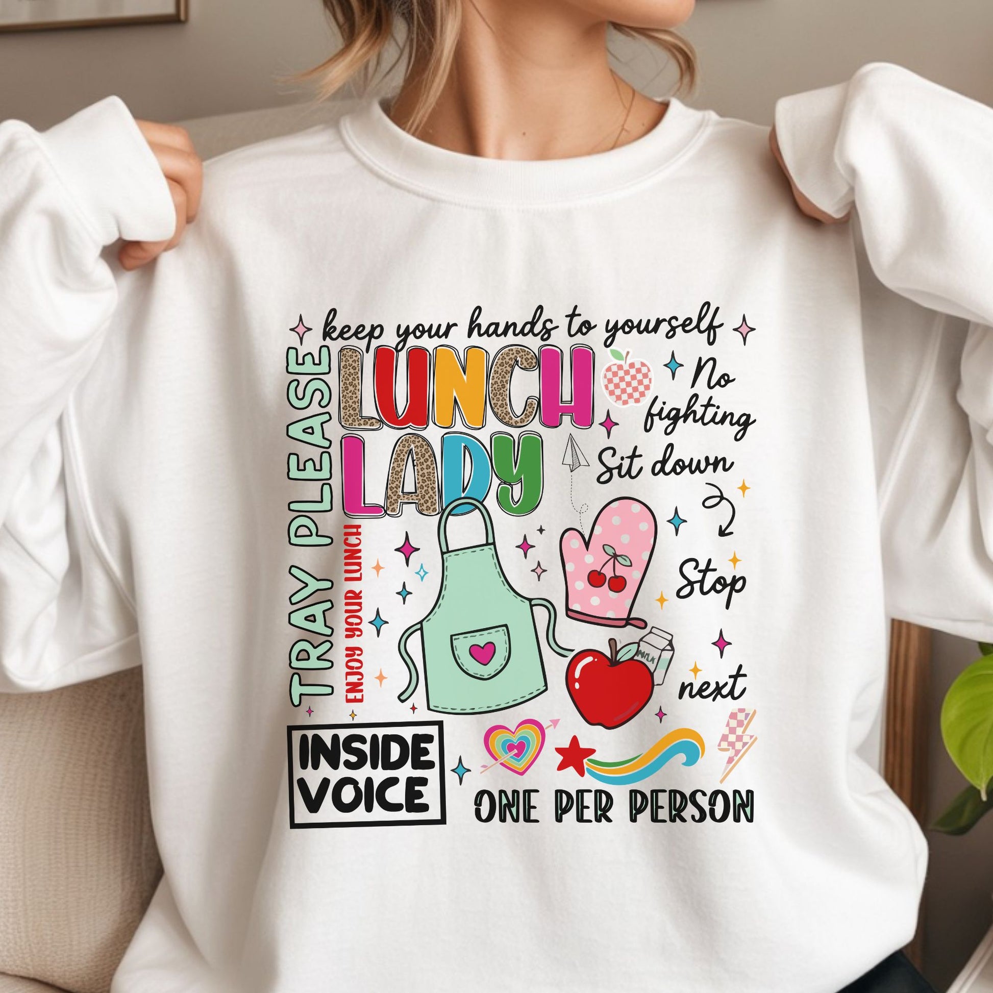 Retro Lunch Lady design featuring colorful cafeteria rules and phrases including keep your hands to yourself, no fighting, sit down, inside voice, one per person, enjoy your lunch, and tray please, with an apron, oven mitt, apple, milk carton, hearts, sparkles, and playful school lunch graphics.