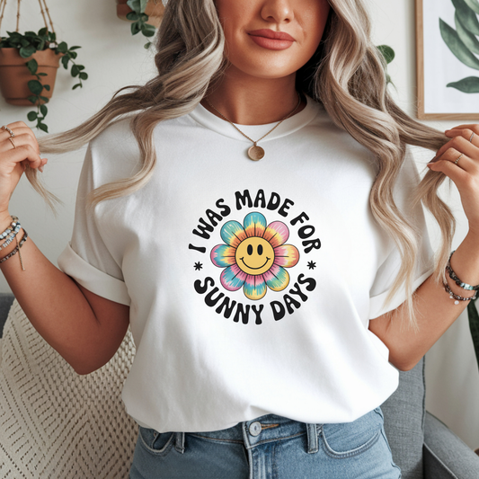 Made for Sunny Days DTF transfer design pressed on premium graphic t-shirt mockup