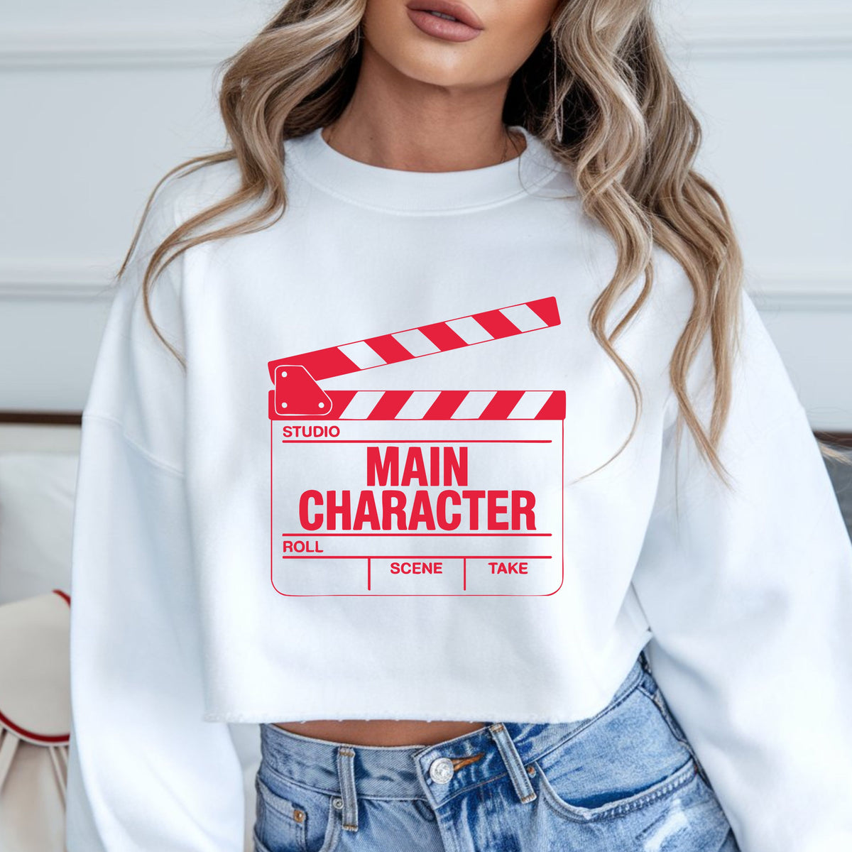Main Character DTF transfer featuring a red movie clapperboard with bold “Main Character” lettering, studio, roll, scene, and take details for trendy shirts, sweatshirts, tote bags, and cinematic graphic apparel.