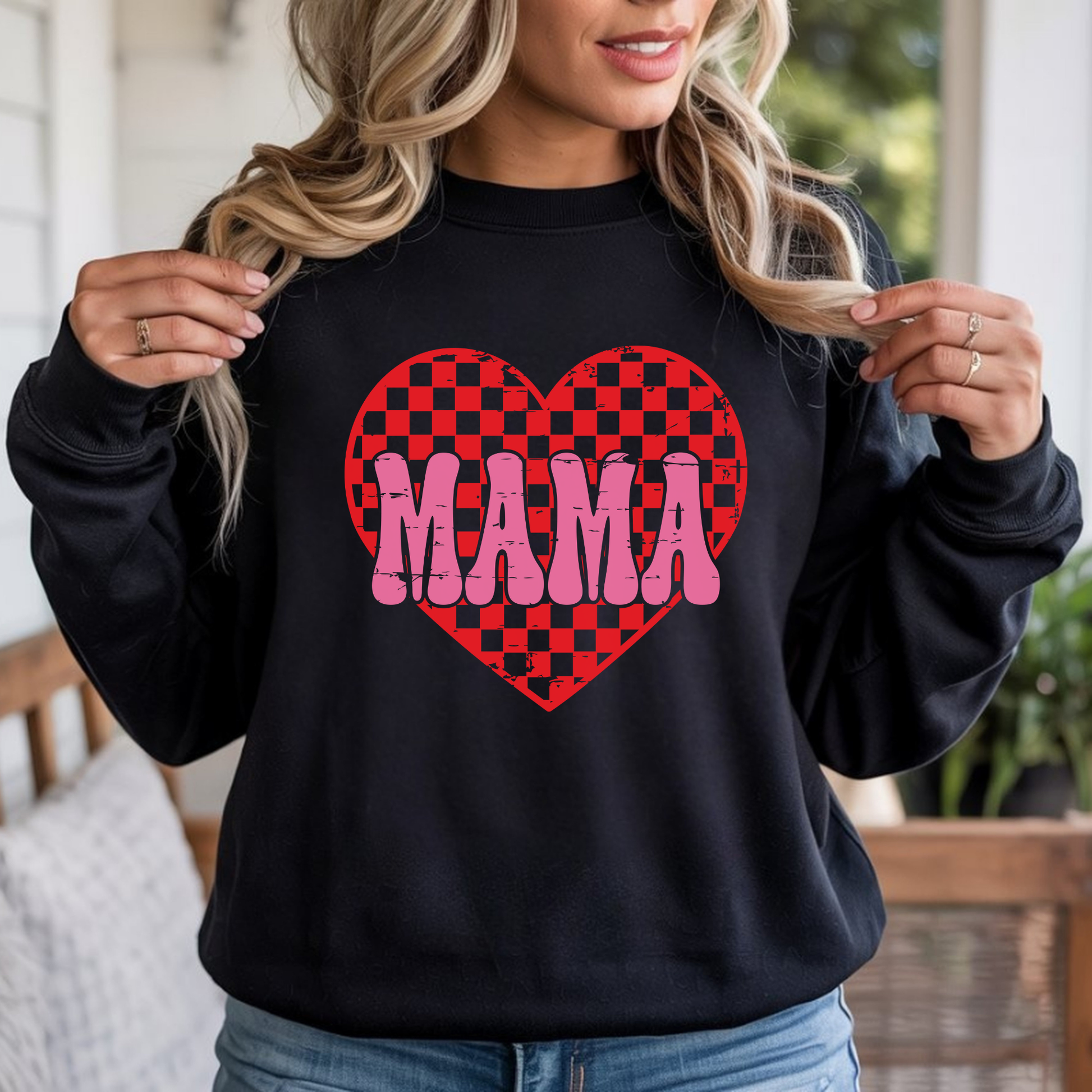 Mama Heart Checkered DTF transfer design pressed on premium graphic t-shirt mockup