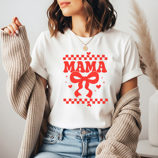 Mama Red Bow DTF transfer design pressed on a premium unisex graphic t-shirt mockup