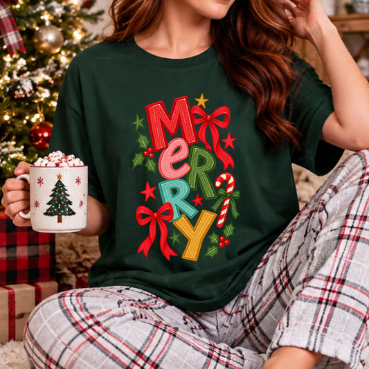 Vertical “Merry” design with red, pink, green, teal and yellow crayon-style letters, red bows, holly, stars and a candy cane tied with a green bow.