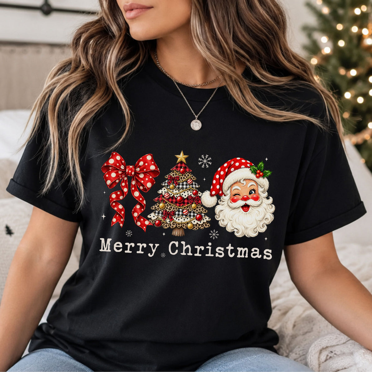 “Merry Christmas” beneath a red polka dot bow, a tree with leopard print, plaid and polka dot tiers, and a winking Santa wearing a red polka dot hat with holly.