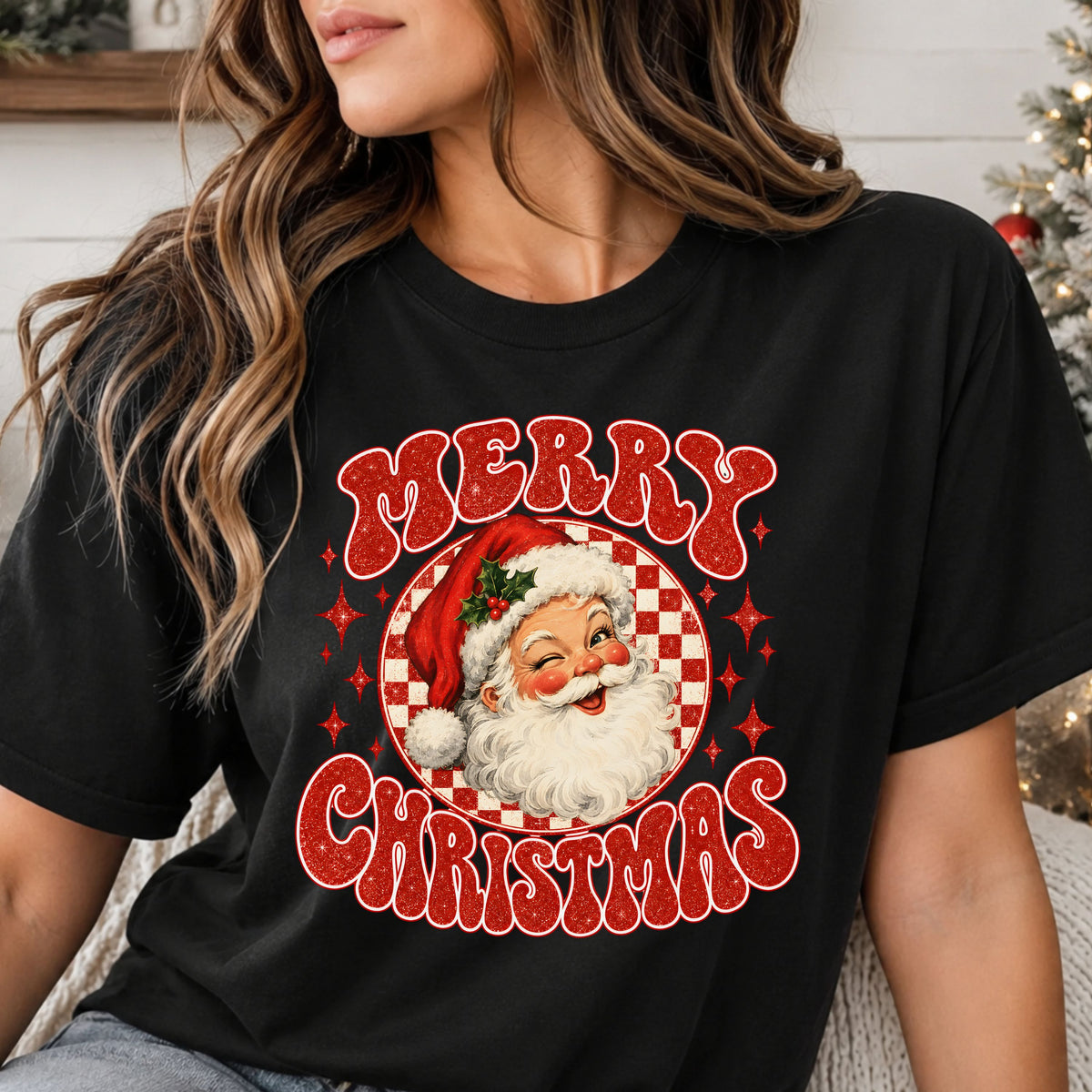 Merry Christmas design featuring a retro winking Santa, red and cream checkerboard circle, red faux glitter bubble lettering, holly and sparkling star accents.