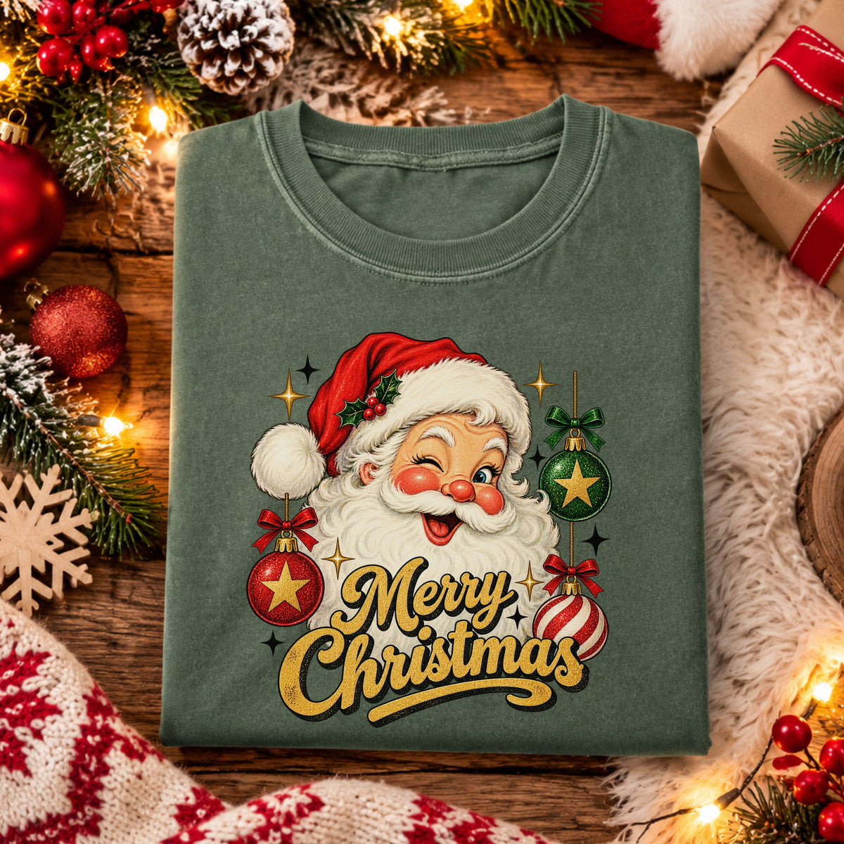 “Merry Christmas” in gold faux glitter script beneath a winking Santa, with red and green star ornaments, a red striped bauble, ribbon bows and gold sparkles.