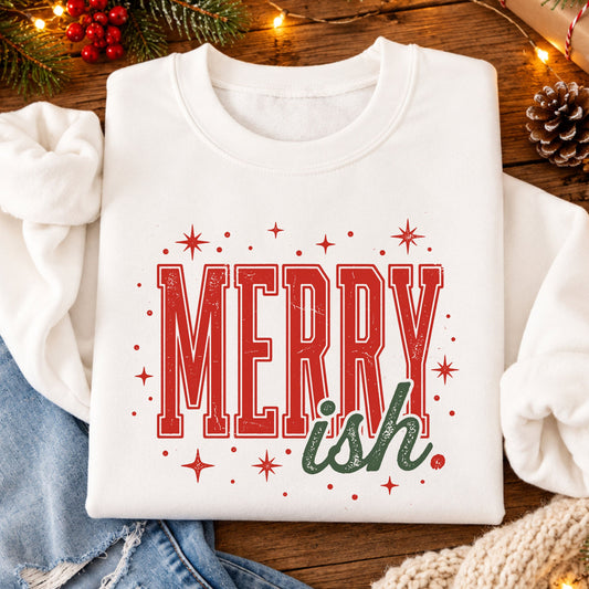 “MERRY ish.” in distressed red varsity block letters and green script, surrounded by red stars and dots.