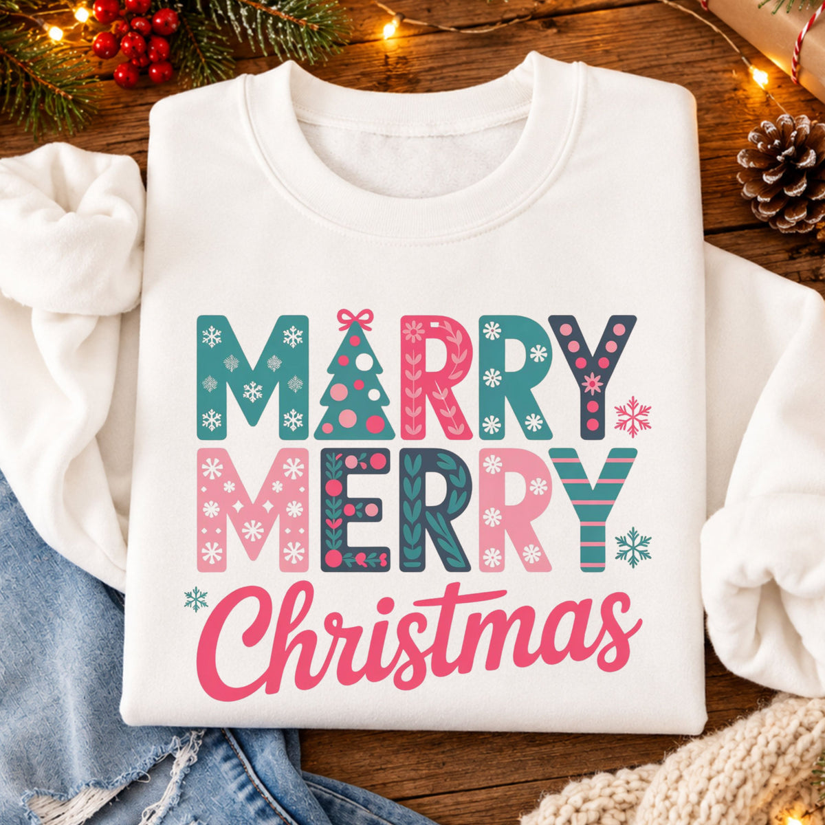 “Merry Merry Christmas” in pink, teal and navy lettering with flowers, leafy vines, stripes and snowflakes, plus a teal Christmas tree topped with a pink bow.