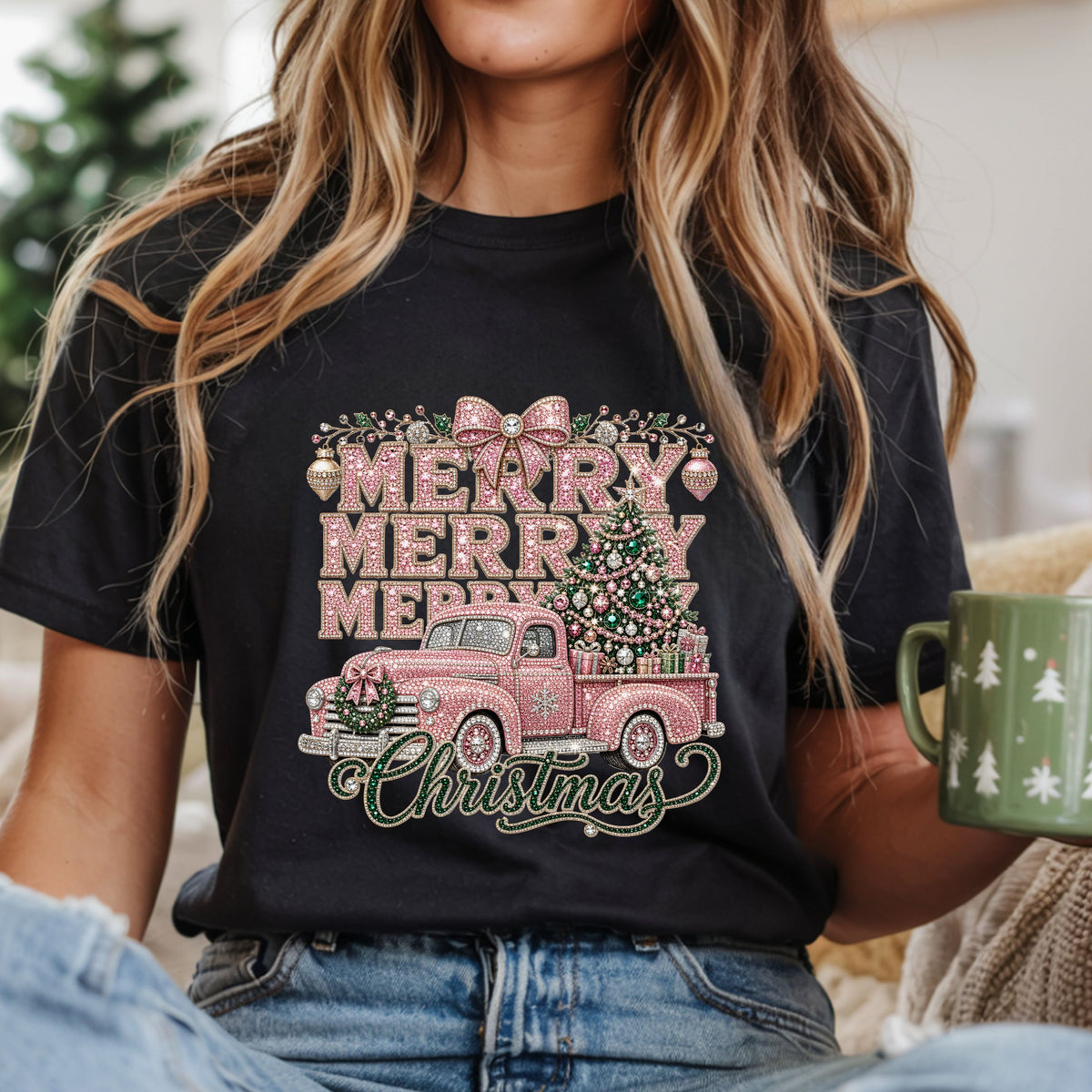 Merry Merry Merry Christmas DTF transfer with a vintage pink pickup truck, green tree, gifts, bows and pink and green lettering in a faux rhinestone style.
