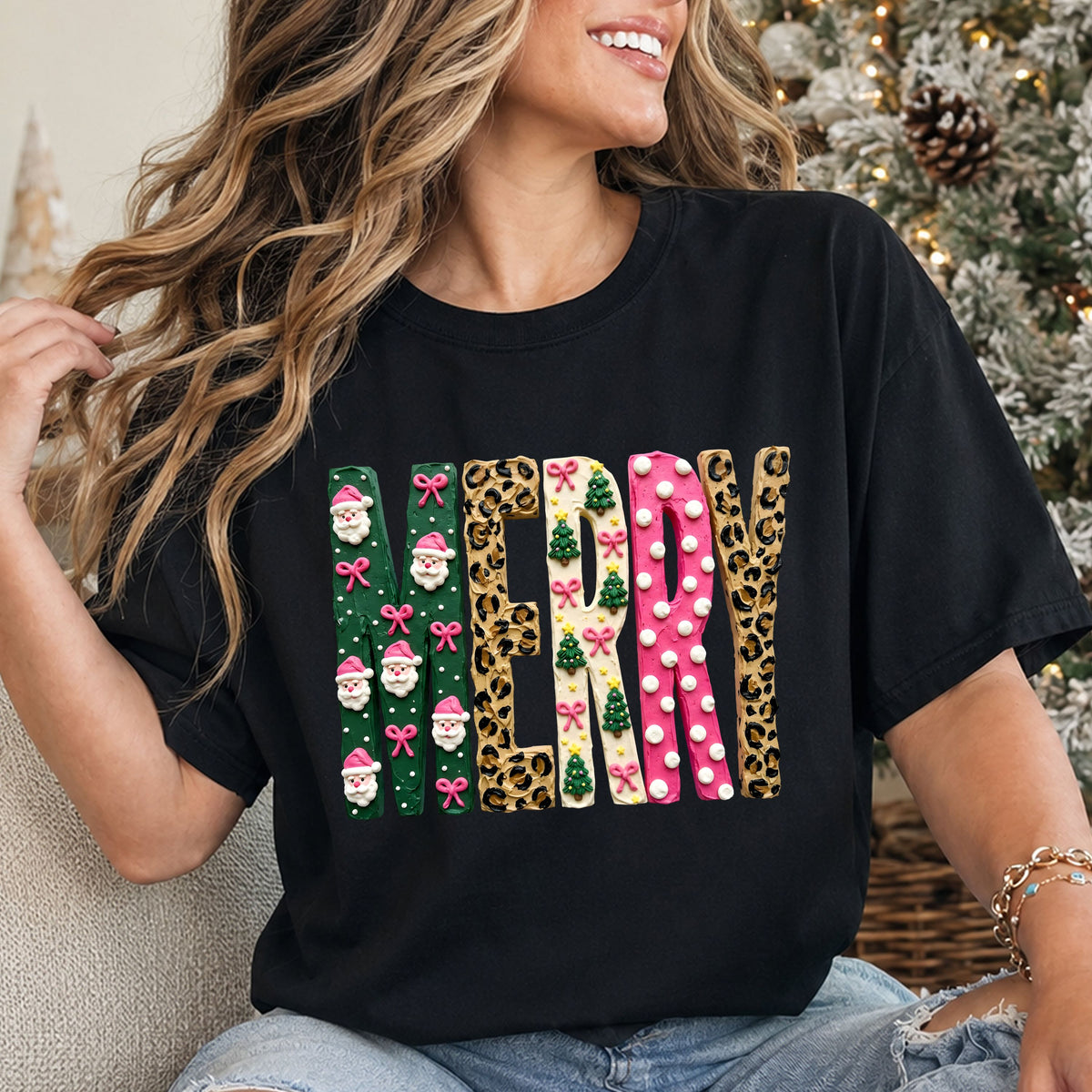 MERRY in pink, green, cream and tan letters with a thick paint effect, leopard print, Santa faces, pink bows, Christmas trees, stars and white dots.