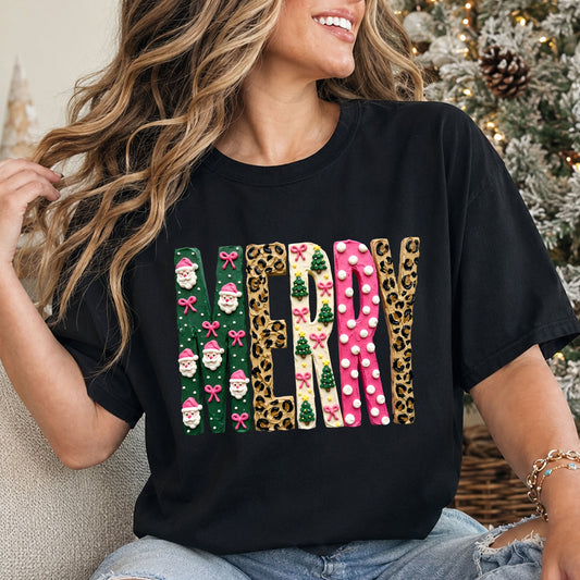 MERRY in pink, green, cream and tan letters with a thick paint effect, leopard print, Santa faces, pink bows, Christmas trees, stars and white dots.