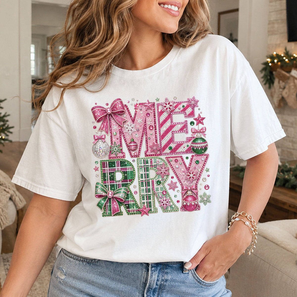 MERRY Christmas DTF transfer with pink and green faux rhinestone lettering, plaid and striped patterns, jeweled-style bows, ornaments and snowflakes.