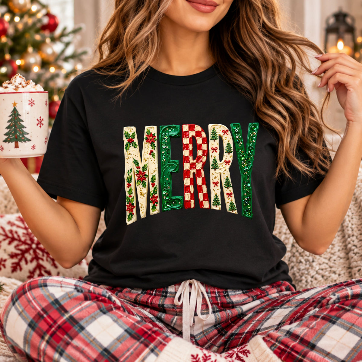 MERRY in cream, red and green letters with a thick paint effect, holly, poinsettias, checks, Christmas trees, red bows and faux rhinestone details.