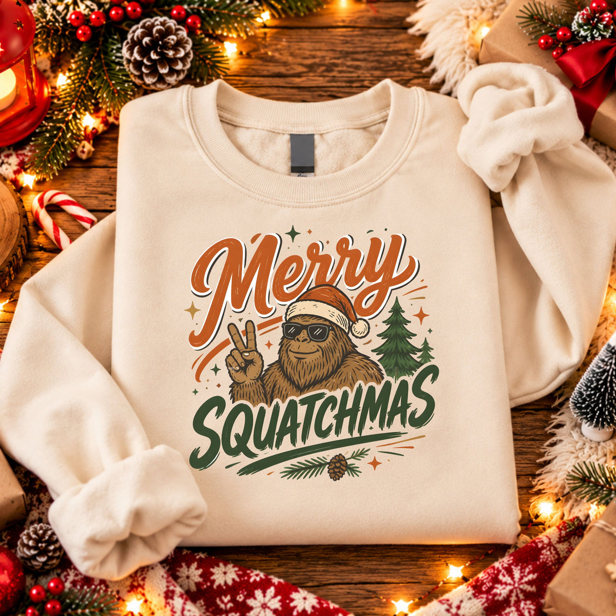 Merry Squatchmas DTF transfer with Bigfoot wearing sunglasses and a Santa hat, making a peace sign, with pine trees and orange and forest green lettering.
