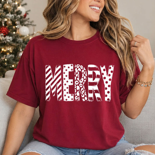 MERRY in tall, distressed white block letters featuring diagonal and horizontal stripes, stars, leopard print and polka dots.