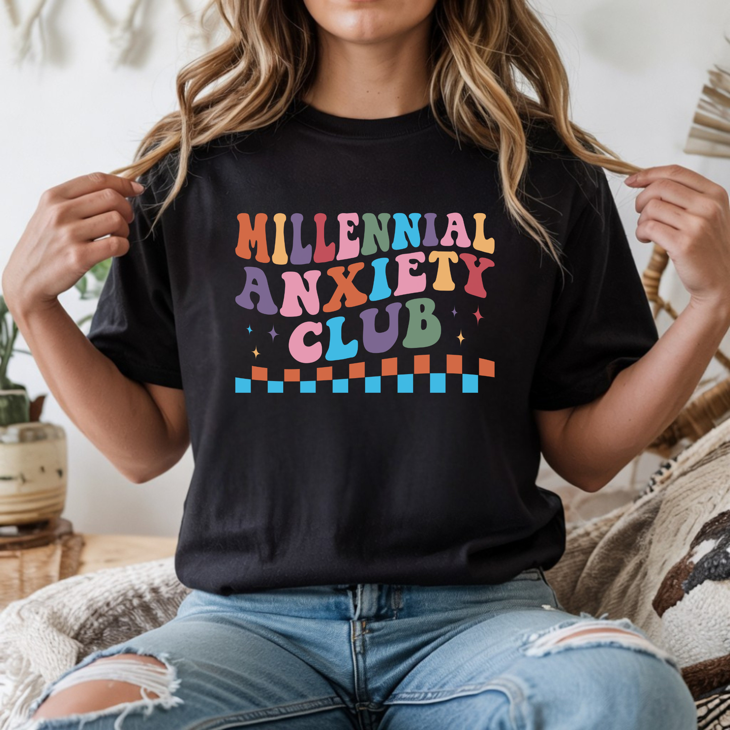 Millennial Anxiety Club DTF transfer design pressed on premium graphic t-shirt mockup