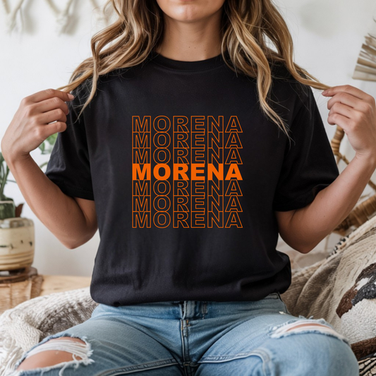Morena Red DTF transfer design pressed on a premium unisex graphic t-shirt mockup