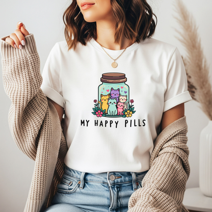 My Happy Pills DTF transfer design pressed on a premium unisex graphic t-shirt mockup