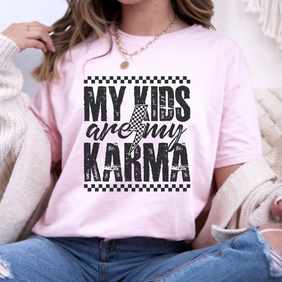My Kids Are My Karma DTF transfer featuring bold distressed black lettering, script text, checkerboard accents, and a lightning bolt for funny mom shirts, sweatshirts, tote bags, and sarcastic mama apparel.