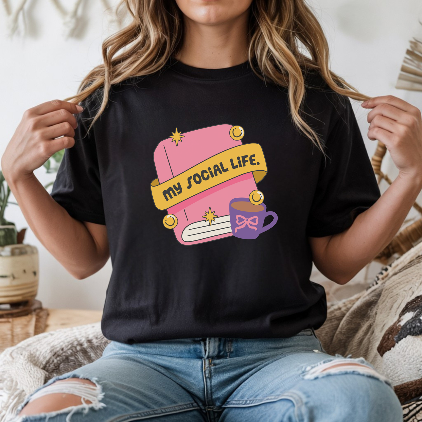 My Social Life Book DTF transfer design pressed on a premium unisex graphic t-shirt mockup