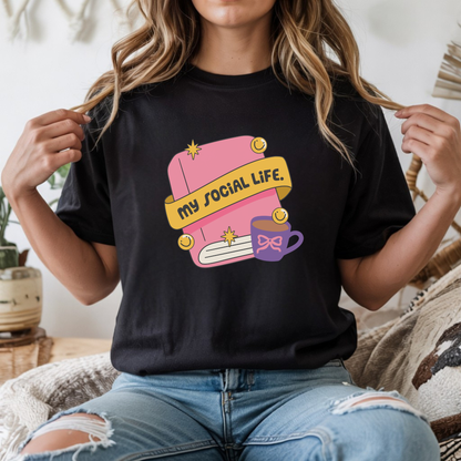 My Social Life Book DTF transfer design pressed on a premium unisex graphic t-shirt mockup