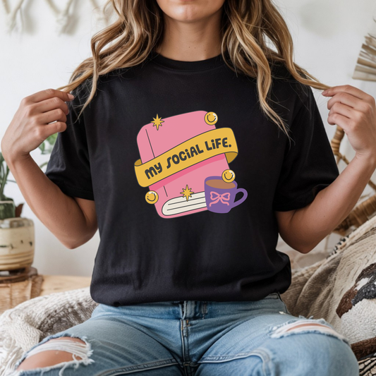 My Social Life Book DTF transfer design pressed on a premium unisex graphic t-shirt mockup