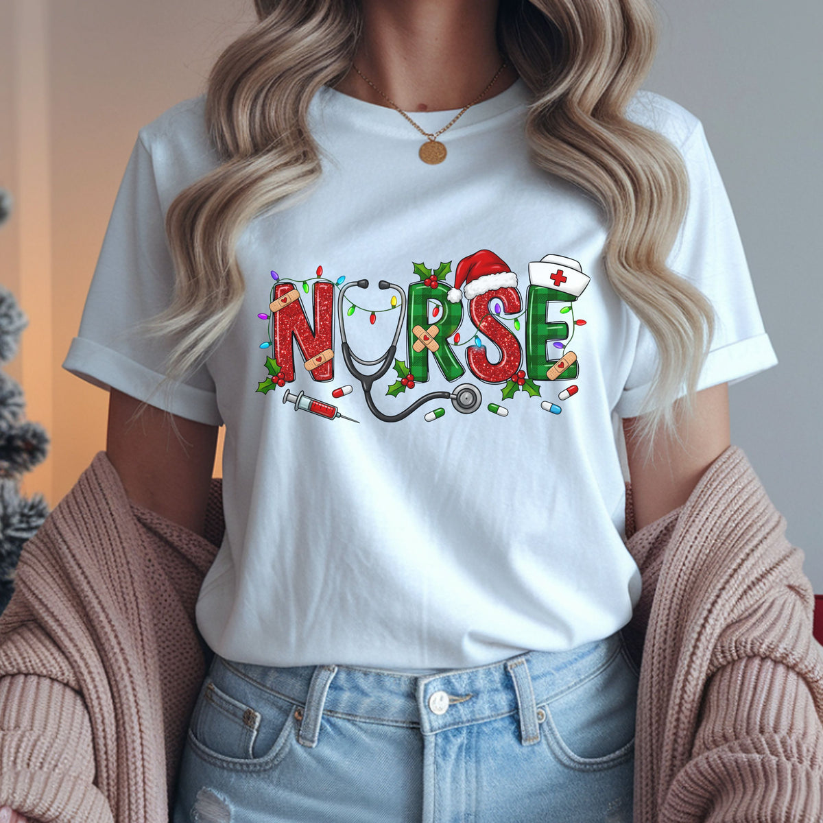 “Nurse” in red faux glitter and green plaid lettering, with a stethoscope forming the U, Santa hat, nurse cap, Christmas lights, bandages, syringe and pills.