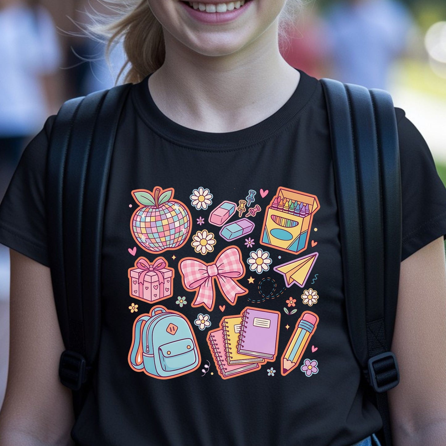 Pastel coquette back-to-school design featuring a disco ball apple, pink gingham bow, backpack, notebooks, crayons, pencil, erasers, paper airplane, flowers, and colorful school supplies.