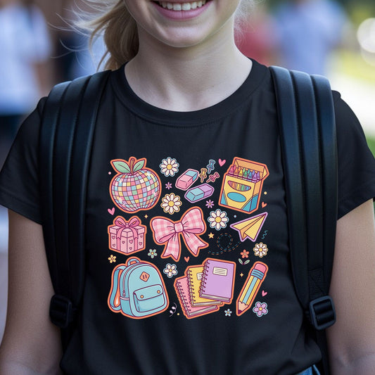 Pastel coquette back-to-school design featuring a disco ball apple, pink gingham bow, backpack, notebooks, crayons, pencil, erasers, paper airplane, flowers, and colorful school supplies.