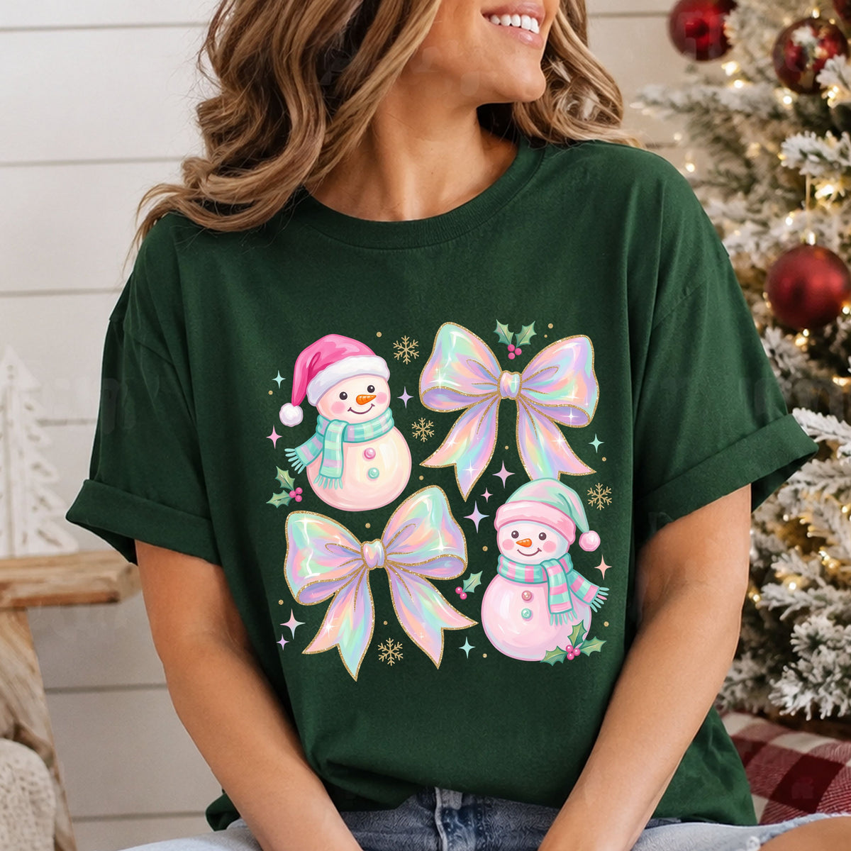 Two pastel snowmen in pink and mint hats and plaid scarves, paired with iridescent rainbow bows, faux gold glitter snowflakes, holly and pastel stars.