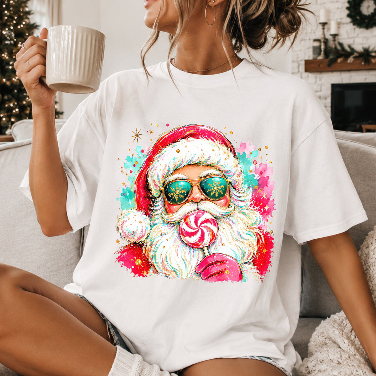 Santa wearing teal aviator sunglasses with gold snowflakes, holding a pink and white peppermint lollipop, with pink and teal paint splashes and gold stars.