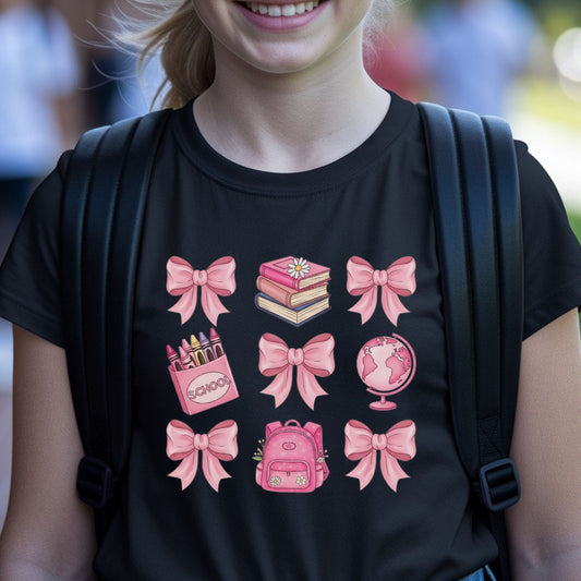 Pink bow books backpack school DTF transfer featuring multiple coquette bows, stacked books, crayons, a pink globe, and a floral backpack for teacher shirts, school staff sweatshirts, classroom apparel, and back to school graphic tees.
