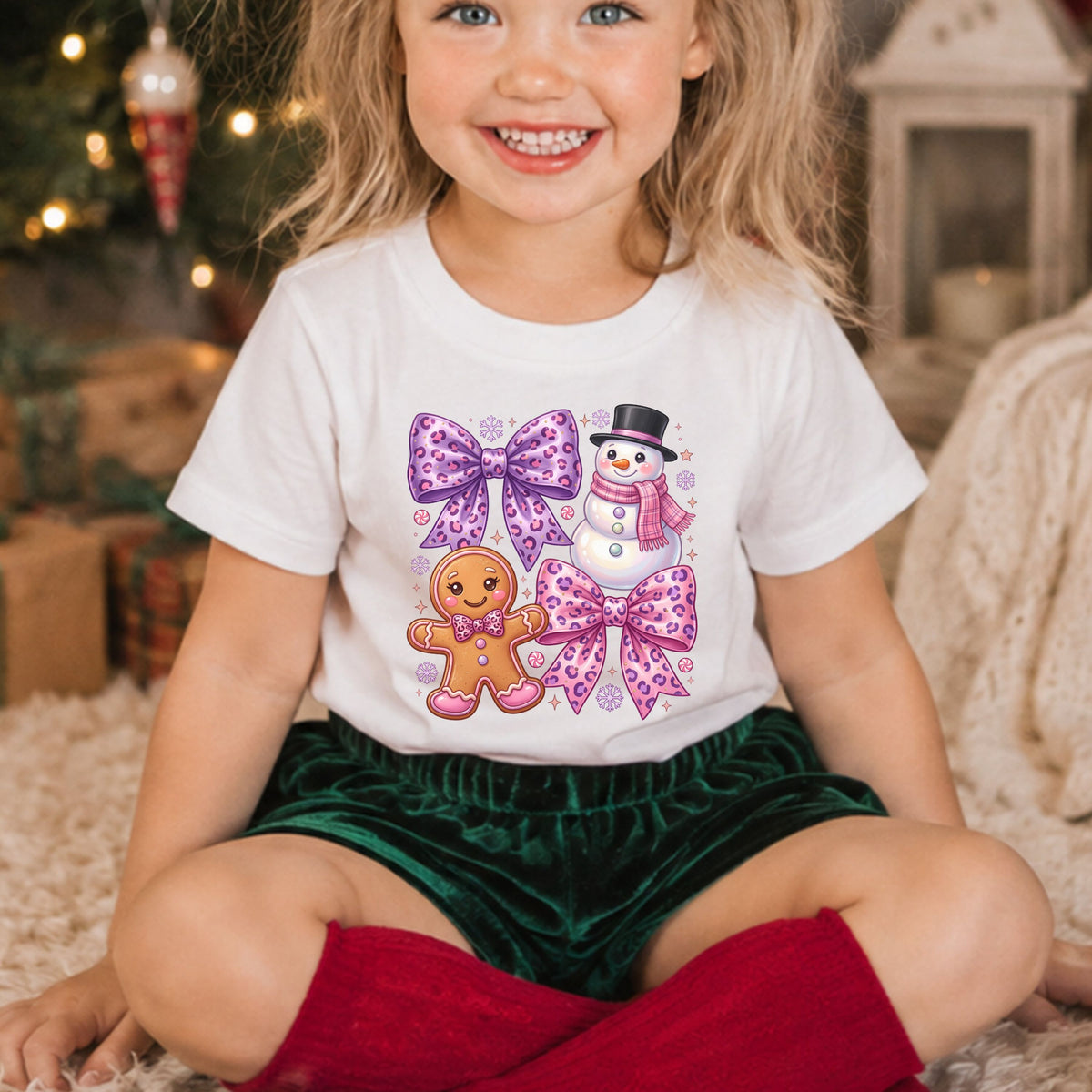 Pink and purple leopard bows, a gingerbread cookie with pink icing and a snowman wearing a black top hat and pink plaid scarf, surrounded by snowflakes and candy.